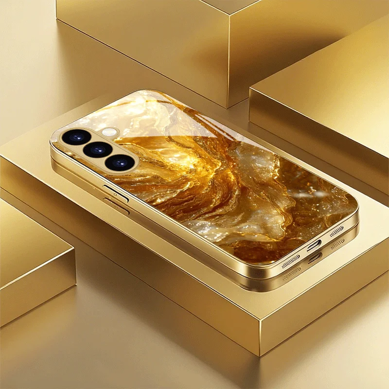Tempered Glass Phone Case for Samsung Galaxy S26 s25/s24/s23/s22/s21 plus/+/Ultra/FE Cover Gilded flowing texture pattern