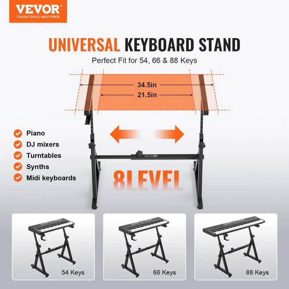 Heavy-Duty Z Style Piano Keyboard Stand, Adjustable Width & Height, 250 lbs Capacity, Anti-Slip Pads & Wheels, Fits for 54 -88