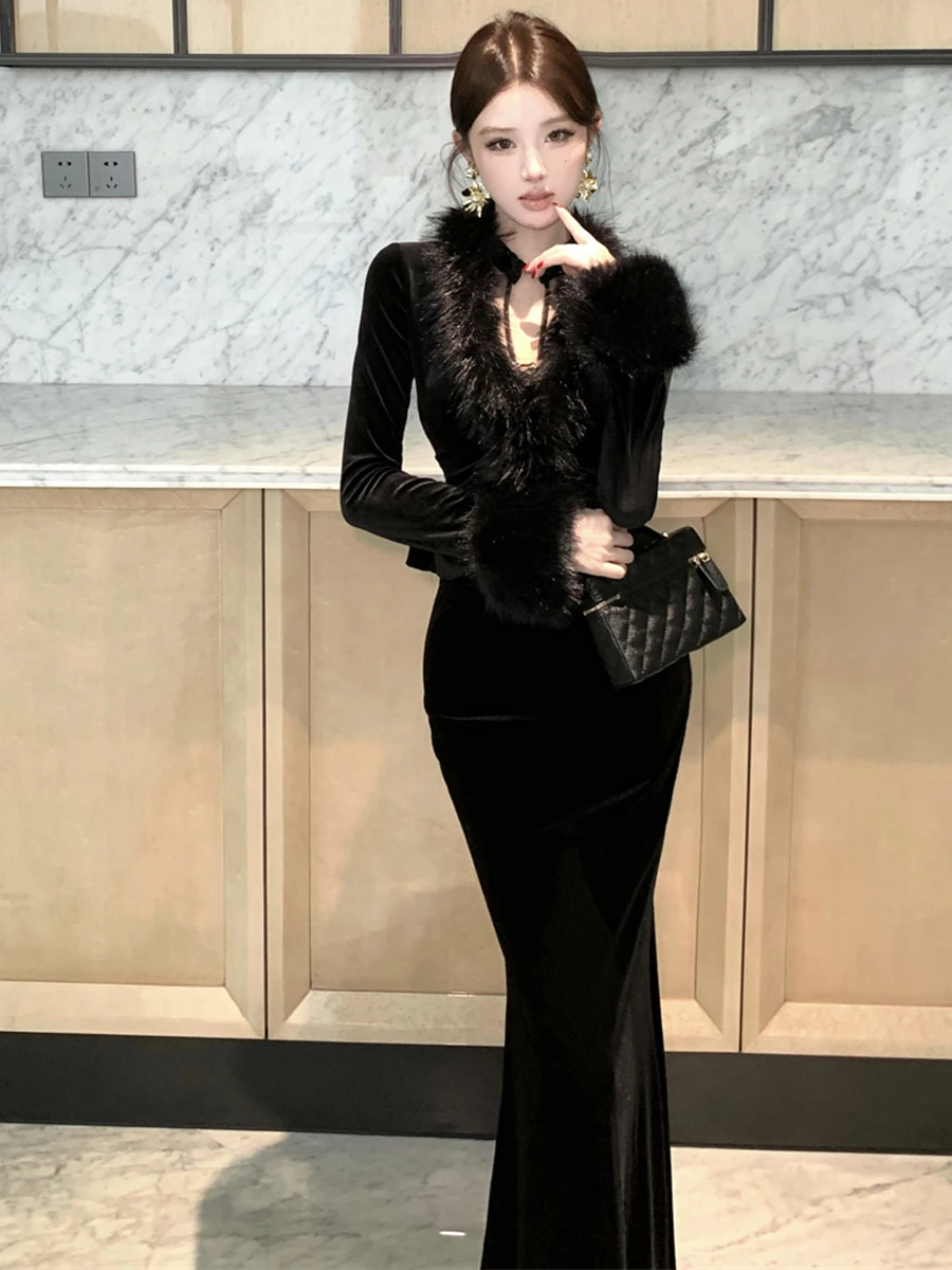 Elegant Velvet Wrap Dress with Mesh Paneling Long Sleeve V-Neck High Waist Thickened for Autumn Winter Sexy Bodycon Dress