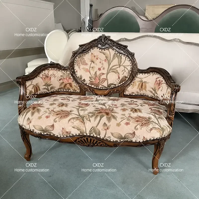 Retro Solid Wood Carved Fabric Sofa Medieval Style Princess Chair High End Customizable Couch for Small Apartment Villa