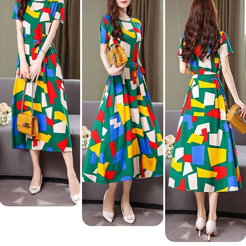 2023 New Summer Fashion Trend Commuting Simple Round Neck Geometric Printing Unique Waist Covering Belly Long Women's Dress