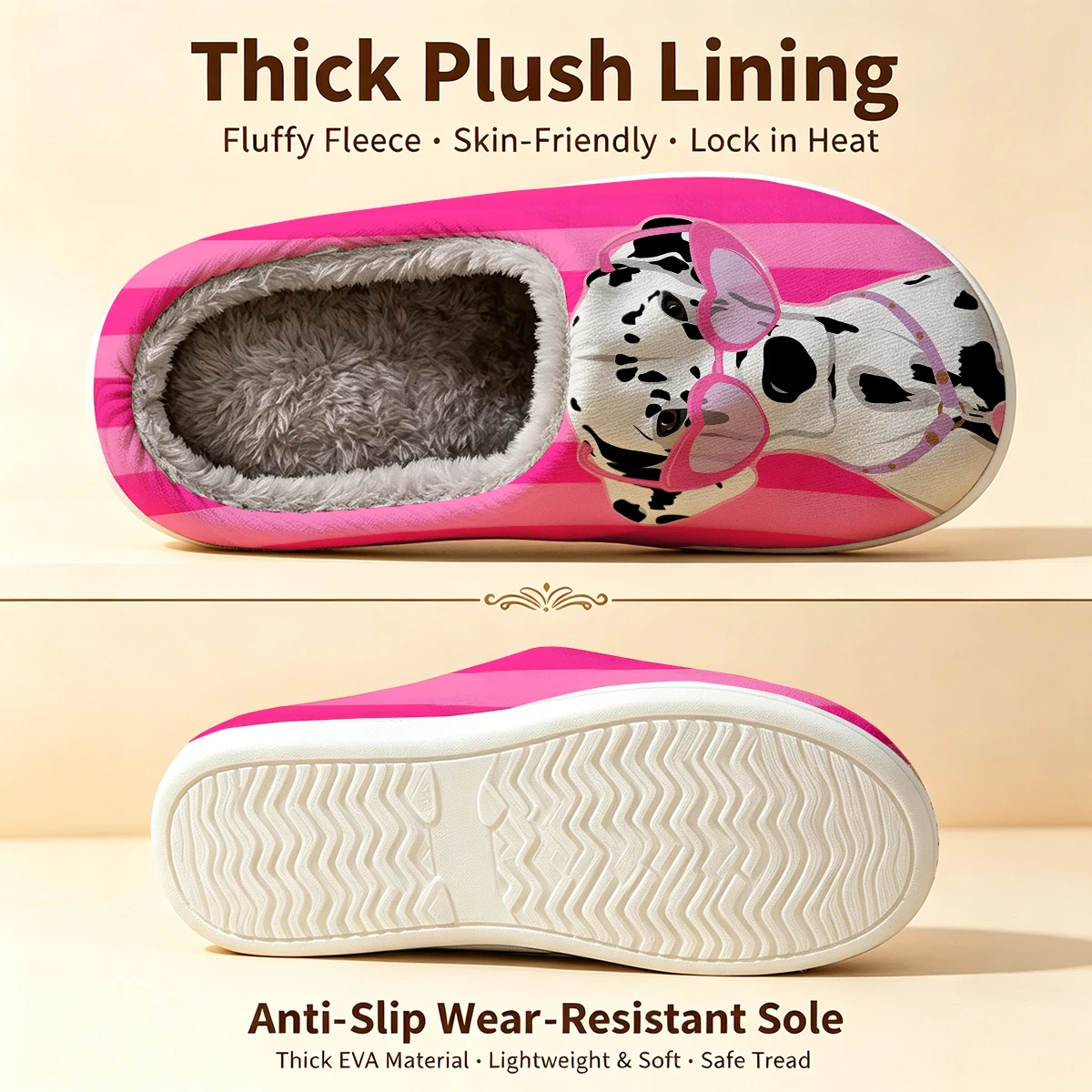 Pink Stripe Dalmatian Christmas White Slippers Warm Plush Indoor Shoes Non-Slip Winter Slippers Family Holiday Gifts Soft view 6