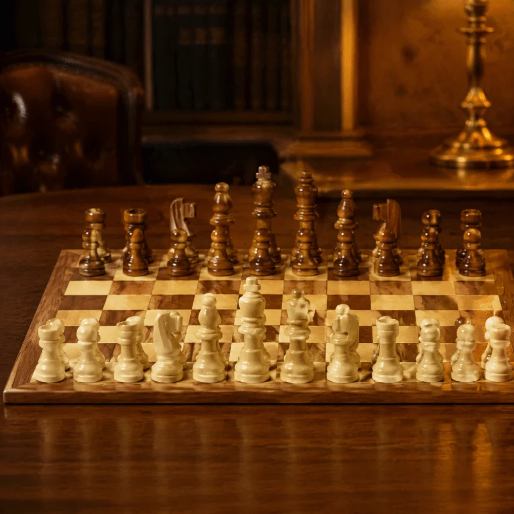 Wooden Material Wooden Chessmen Classic Design Smooth Finish Staunton Chess Set Beige And Dark Brown International Chess Adult