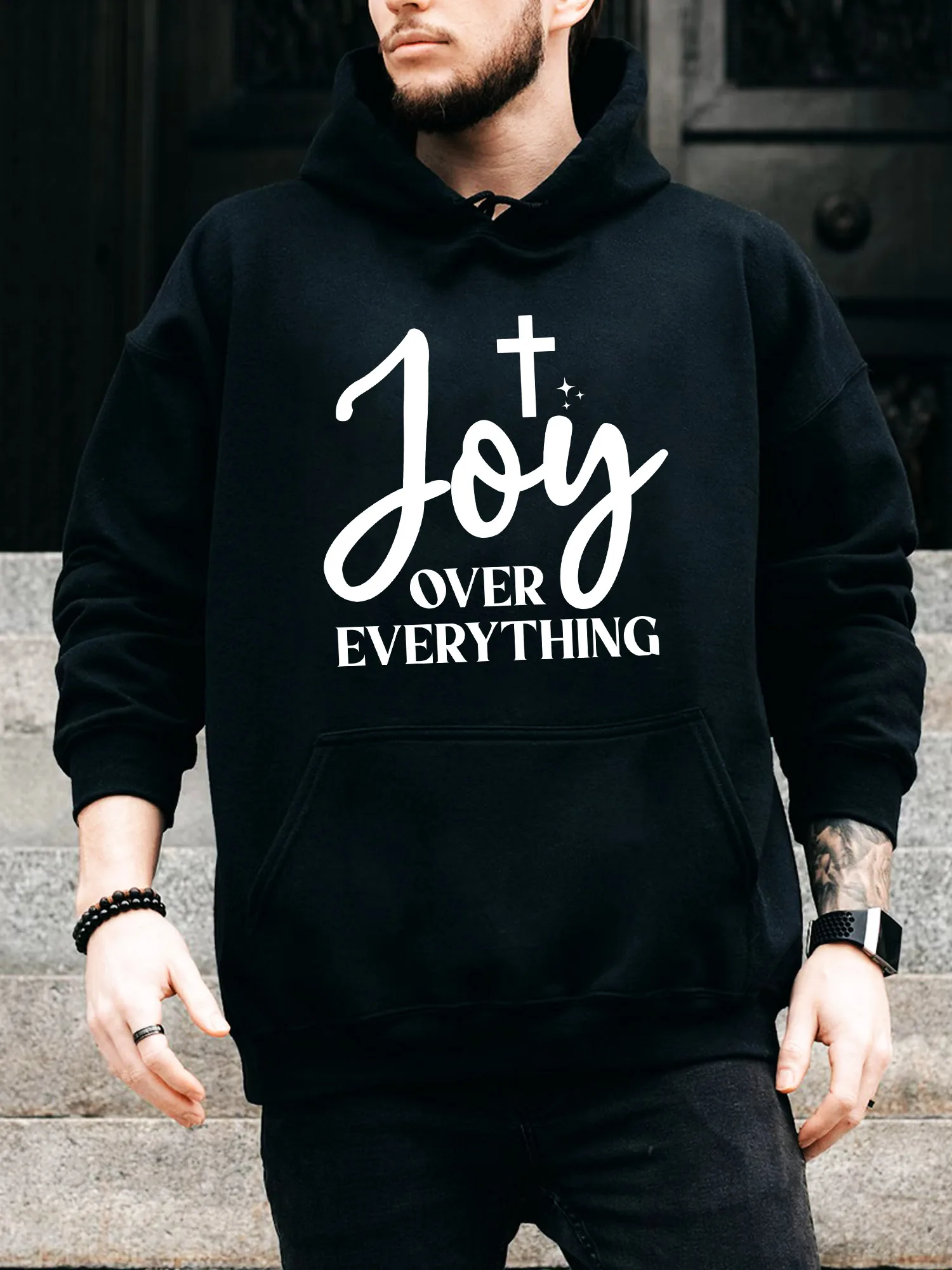 

Joy over Everything Christian Men's Drawstring Hoodie - Casual Comfortable Black Pullover, Fall & Winter Hooded Sweatshirt