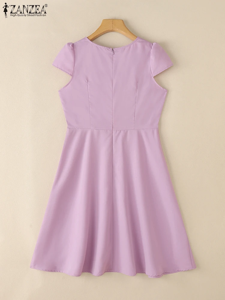 ZANZEA Casual Frau Vestidos Mode Kurze Flügel Hülse O-ansatz Hohe Taille Knielangen Kleider 2025, Sommer Elegante A-linie Roben