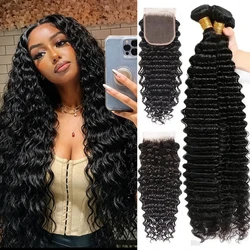 Mèches Deep Wave Naturelles Bouclées avec Closure Transparente, Cheveux Humains, Tissage, 4x4, 13 Tages, 3/4