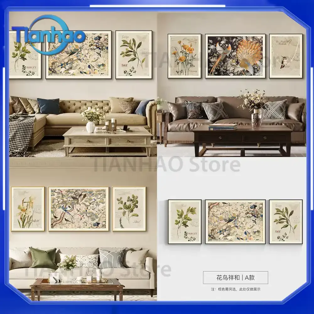 For Living Room Decorative Painting Set of Three Vintage French Floral Bird Wall Art for Sofa Backdrop Minimalist Mid Century