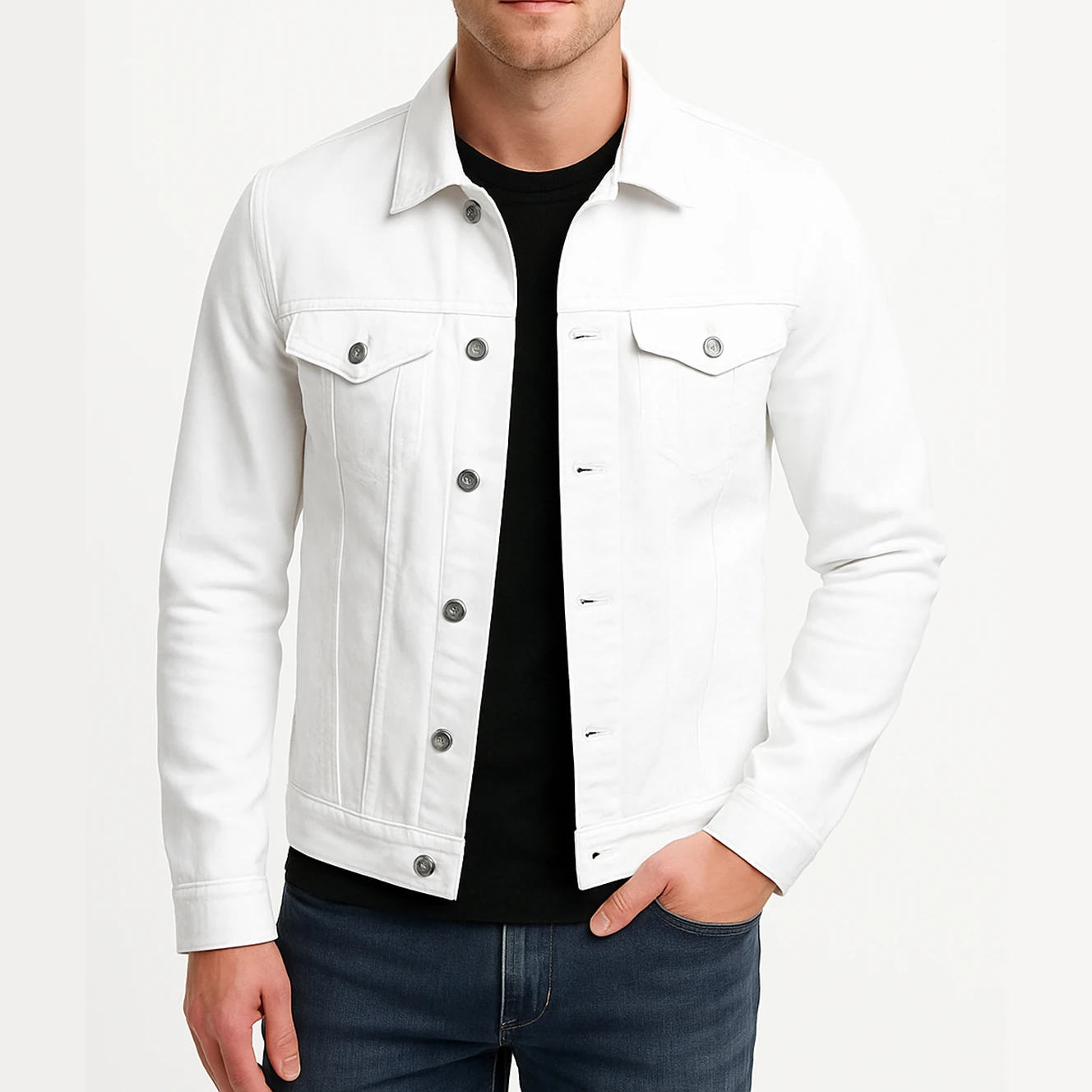 

Men's 2025 Casual White Denim Jacket Classic Slim Fit Washed Retro Blue Jeans Coat Male Fashion Brand Clothing