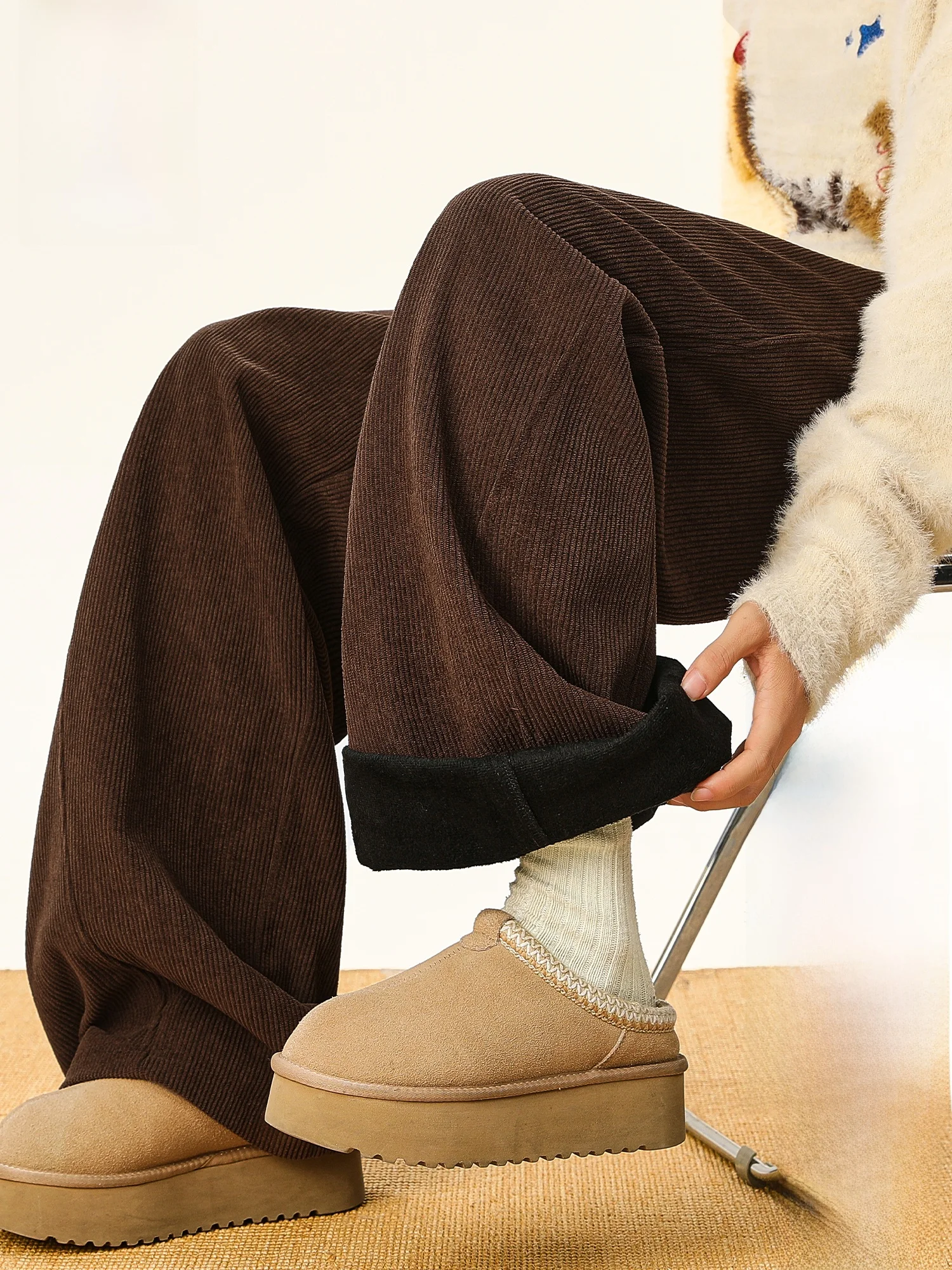 

PaulFrank Men's Corduroy Wide Leg Casual Pants Thiened Warm Comfortable Straight Leg Winter Trousers Casual Faion