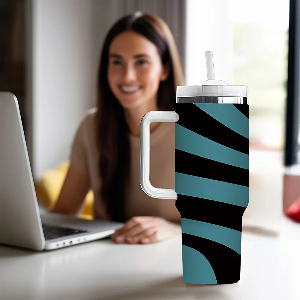 Black And Blue Wavy Stripes Print Tumbler with Handle And Straw for Daily Use And Outdoor Travel
