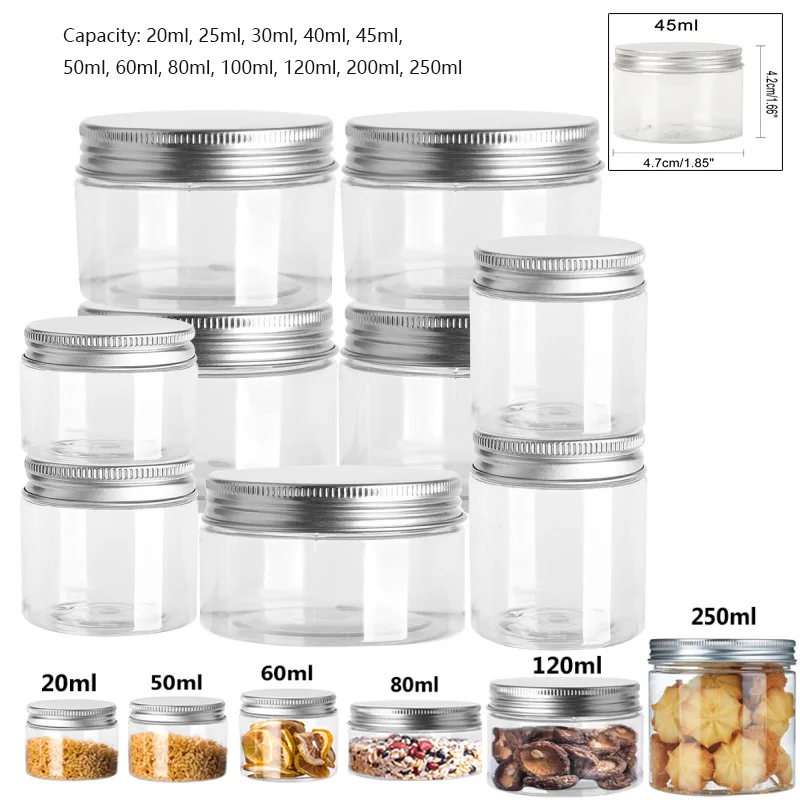 5pcs 20ml-250ml PET Plastic Jar With Aluminum Lids Screw Container Empty Cosmetic Cream Powder Makeup Storage Jar Pot Bottle