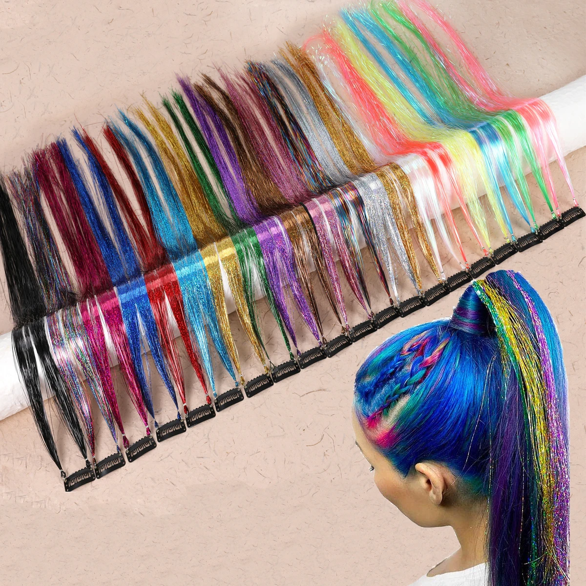 1Pc 45cm Sparkling Shiny Clip In Tinsel Hair Extensions Colorful Holographic Hair Tinsel Glitter Fairy Clip In Hair Tinsel
