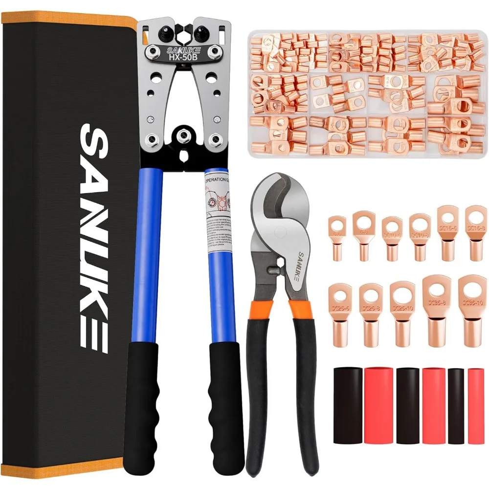 

Professional Battery Cable Crimping Tool Kit with 100 Terminals & Heat Shrink Tubing for AWG 8-1/0 Wires