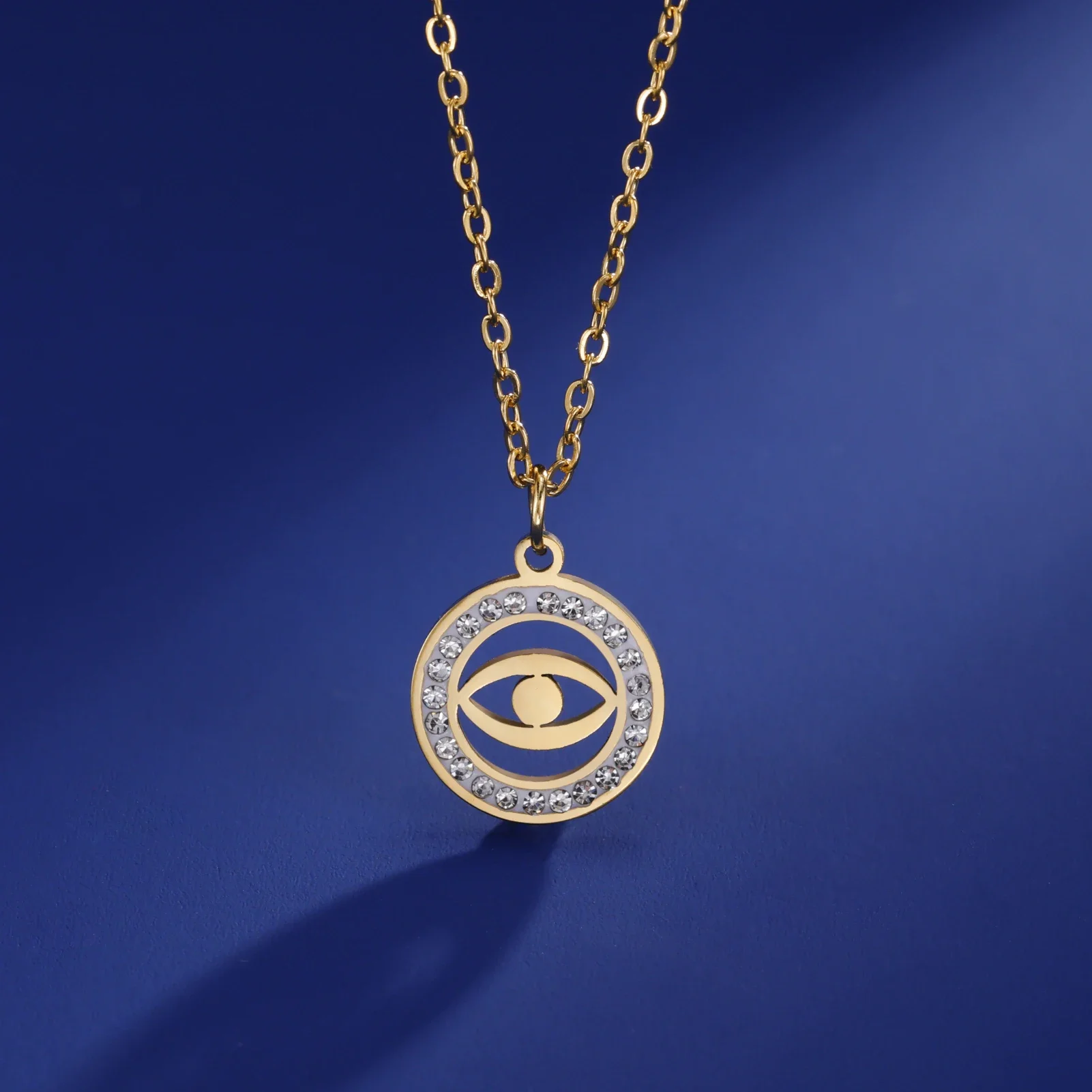 Skyrim Lucky Evil Eye Clear Zircon Round Pendant Necklace Women Stainless Steel Gold Color Chain Choker Turkish Jewelry Gift
