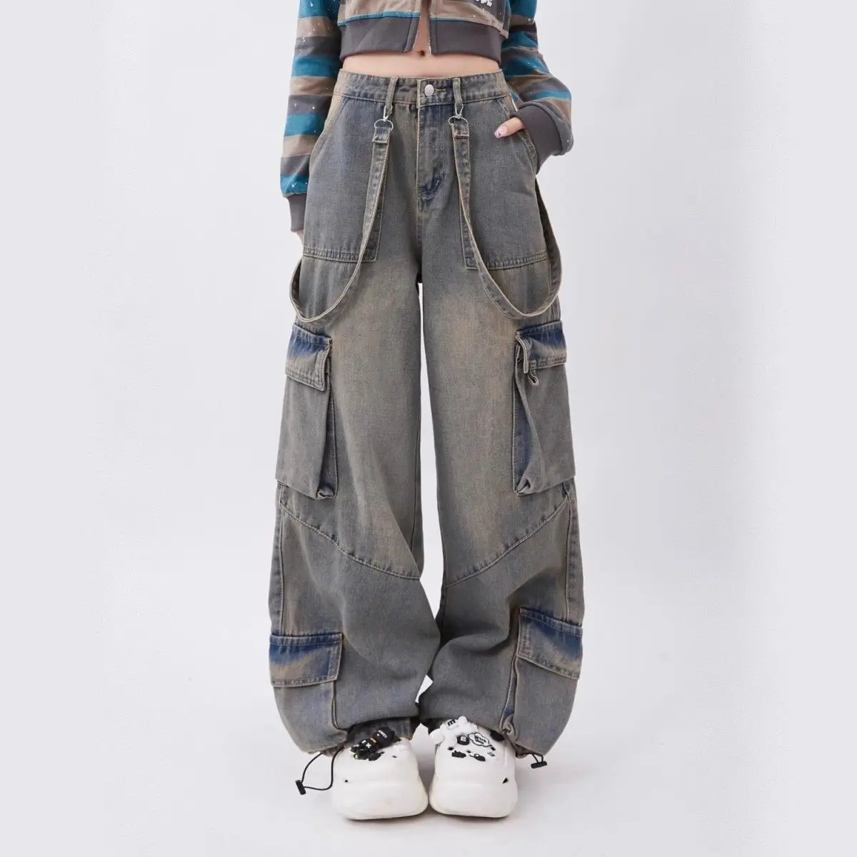 Retro Workwear Old Multi-Pocket Jeans Women Spring Summer New Niche Design High Waist Casual Versatile Straight Floor Trousers