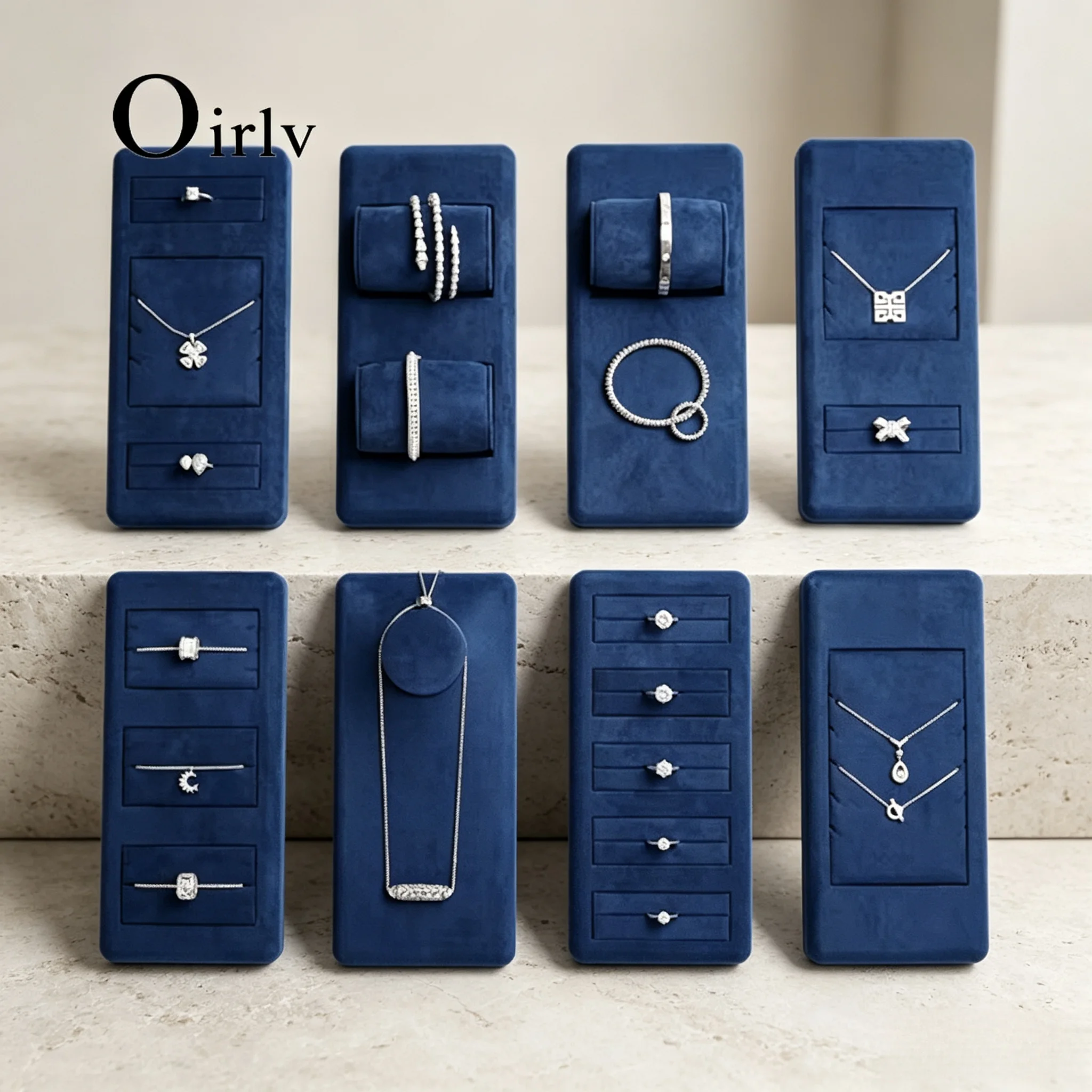 Oirlv Blue Velvet Jewelry Display Set Ring Earring Necklace Bangle Holder Showcase Organizer Stand for Retail Store Countertop