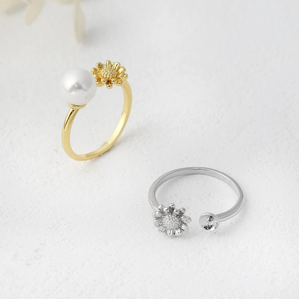 2Pcs Brass Golden Flower Ring Adjustable Daisy Ring Blanks Diy Jewelry Findings,For 6-8mm Half Drilled Pearl Beads Mounts Base