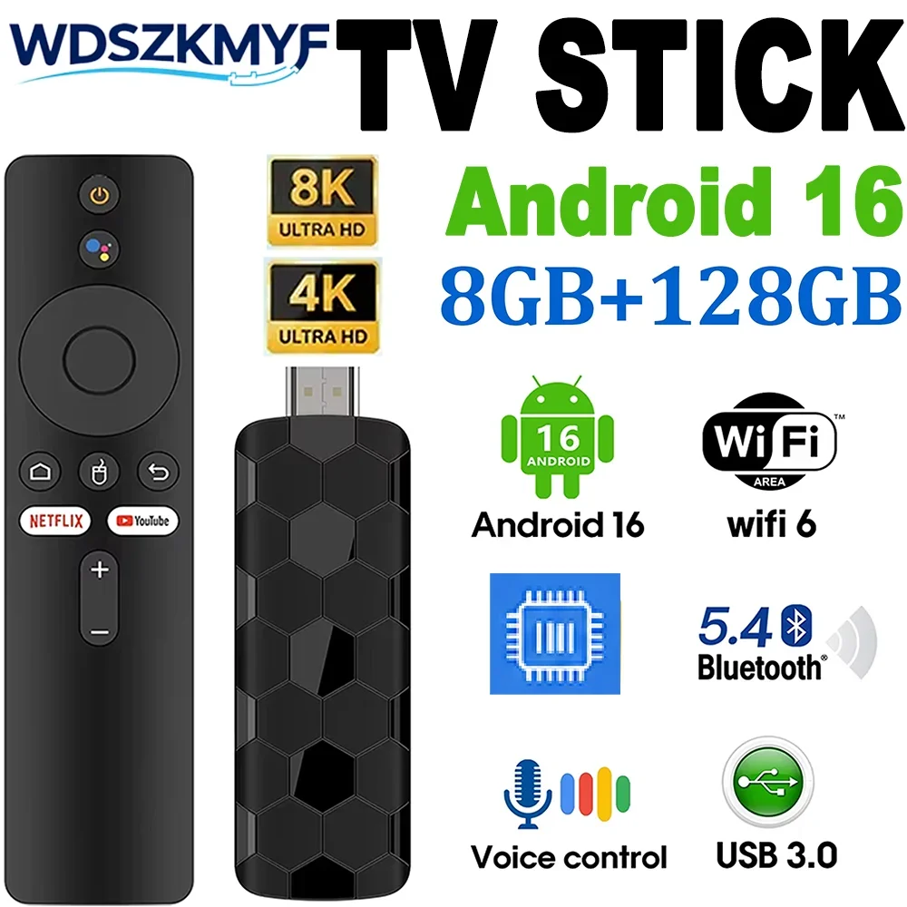Android 16 Streaming TV Stick WiFi 6 Bluetooth Connection Support 4K 8K UHD Video Voice Control Remote Fast Streaming Device