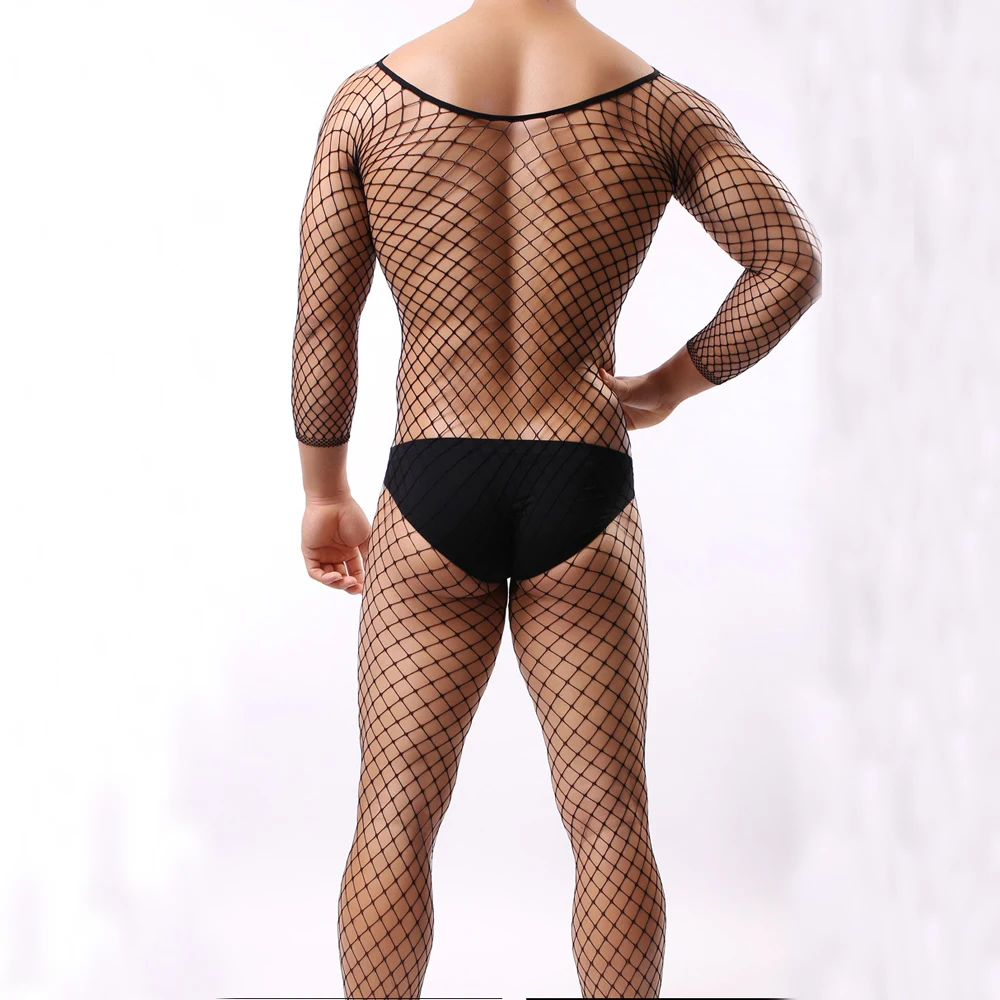 Men\'S Sexy Fishnet Pantyhose See Through Tights Nightwear Male Bodysuits Erotic Stockings For Man Fun Lingerie Date Clothes