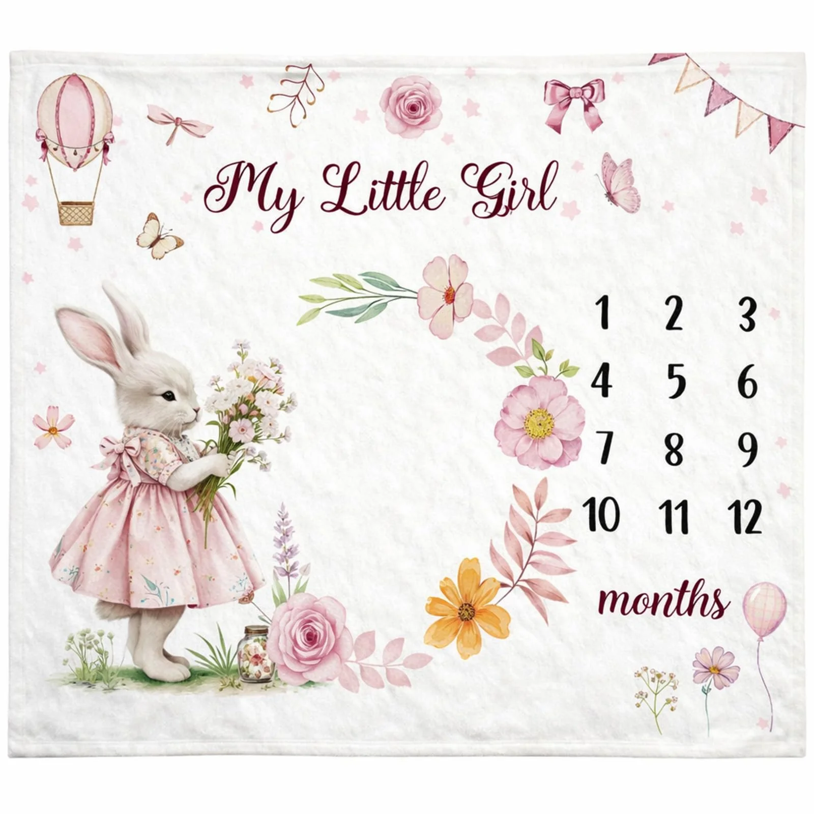 VIKAMA Easter Pink Bunny Baby Milestone Blanket, Floral Newborn Growth Photo Mat for Girls Easter Nursery Decor