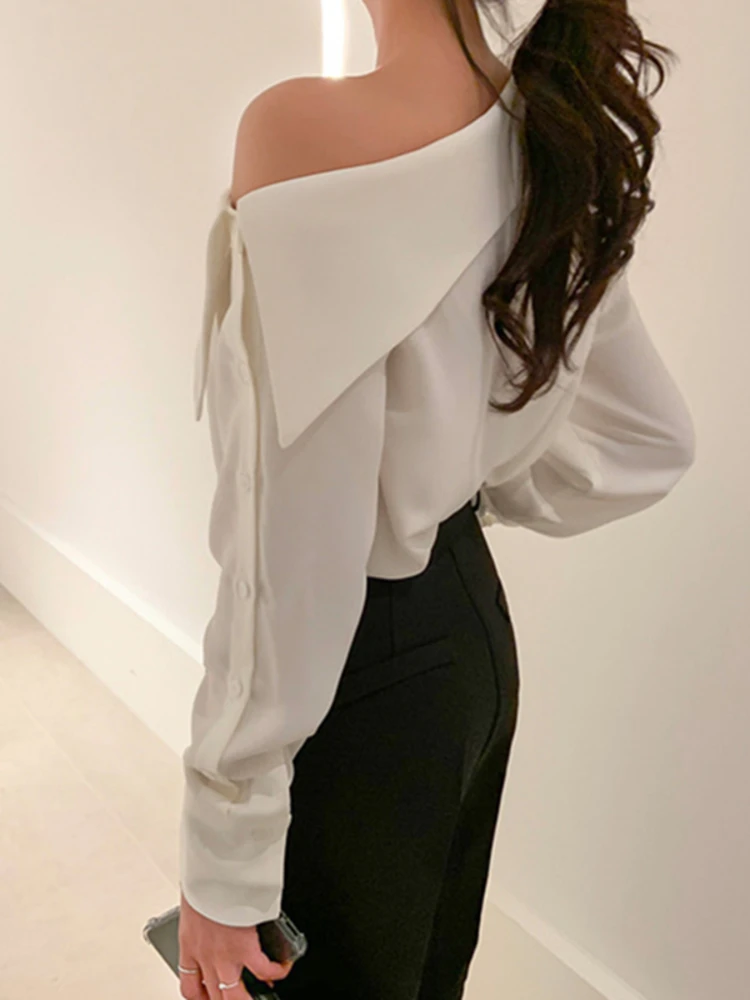 Slanted Off Shoulder Sexy Korean Fashion Design Korea Chic Ladies Shirt Ladies Office Blouse 2024 Autumn New Blusas