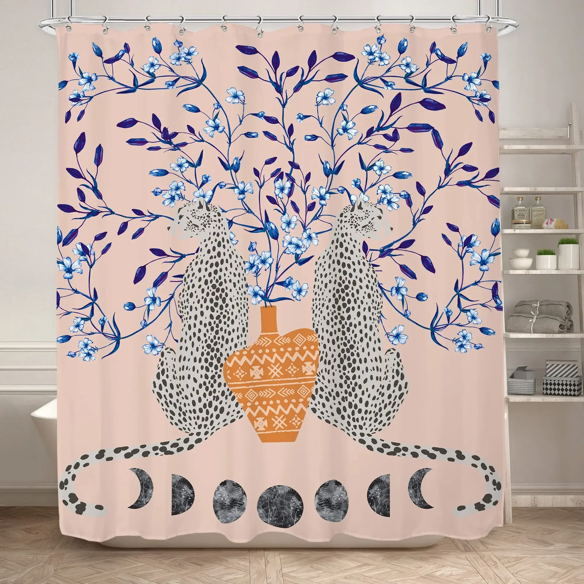 Boho Cheetah Shower Curtain,Tropical Leopard Wildlife Bath Curtain,Modern Pink Aesthetic Moon Phase Blue Floral Bathroom Curtain