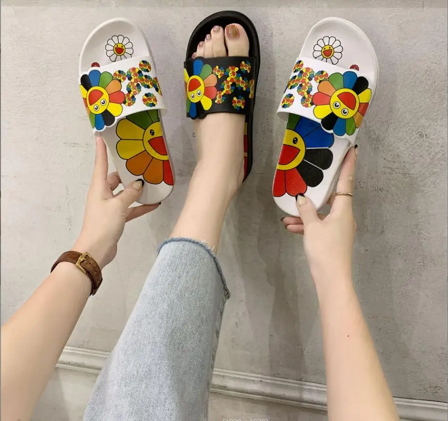 Summer Flower Slippers Women\'s Indoor Anti slip Home Couples Soft Sole Flat Slippers Beach Slippers Women\'s Sandals