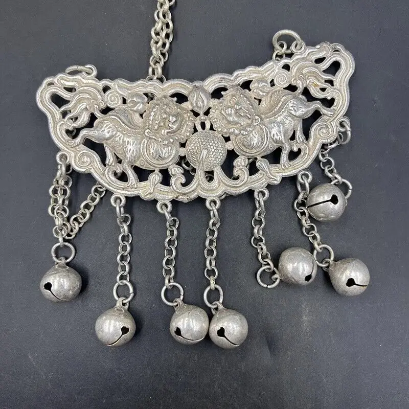 Antique Chinese Handmade Miao Silver Necklace Chain Pendant Handicraft