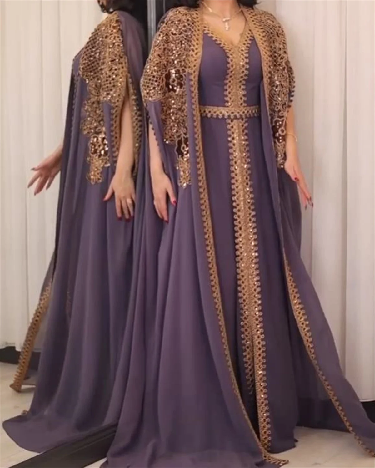 Classic Muslim Gown Evening Dress Blue V Neck Cape Sleeve Split To Floor Two Piece Gold Lace Applique With Belt Elegant Prom