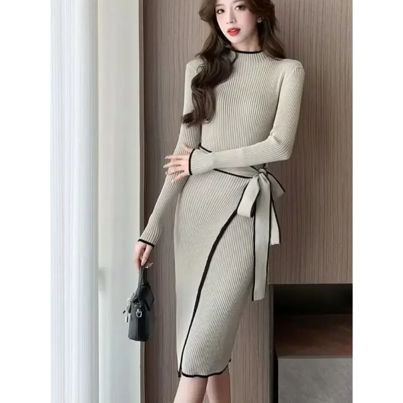 

New Women Knitted Dress Autumn Winter Elegant Slim Lace-Up Long Sleeve Bottoming Sweater Dress Fashion Office Female Vestidos