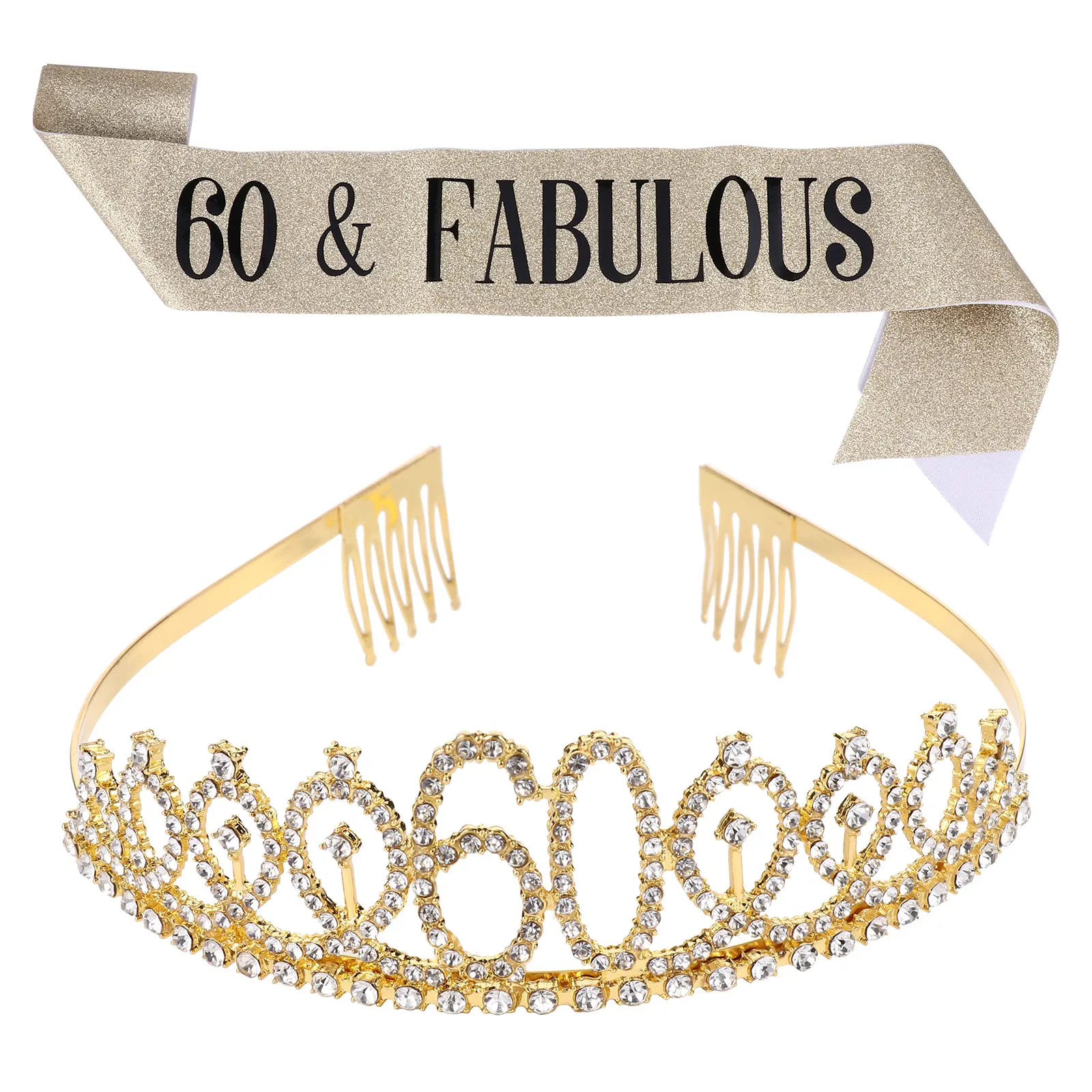 

Golden 60th Birthday Crown Set Ceremonial Belt Decorations Crystal Hair Comb Party Sash Etiquette Comfortable Hot Stamping