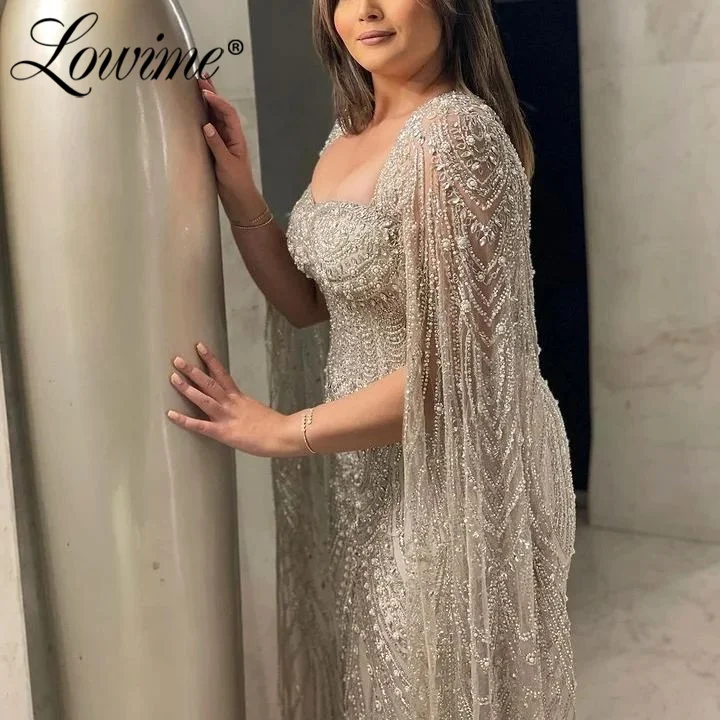 Dubai Design Cape Sleeves Long Evening Dress Plus Size Pearl Beaded Formal Party Dresses Silver Arabic Prom Gowns Robe De Soiree