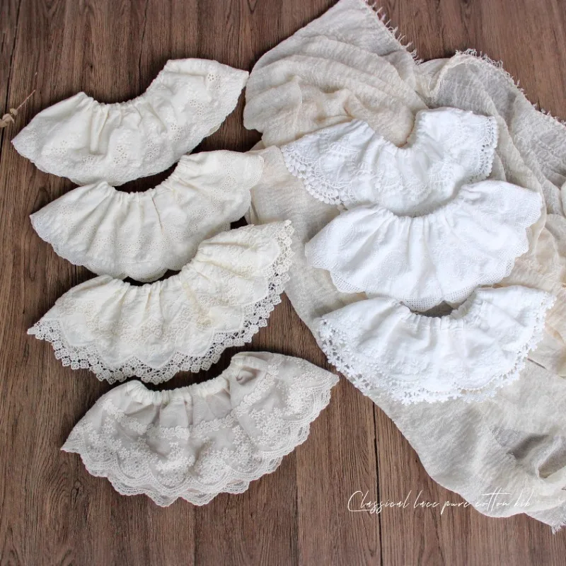 

Vintage French Classical Embroidery Elastic Bib Baby Girls Lace Trim Drool Bandana with False Collar 100% Cotton Burp Cloths