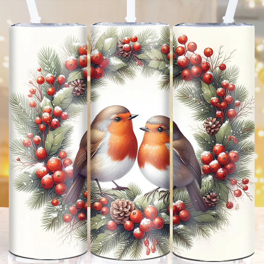 크리스마스 3D 프린트 로빈 버드 텀블러, 스키니 온냉 절연 물병, 스트레이트 머그잔, 메리 크리스마스 파티 장식, 20 온스, 1 개