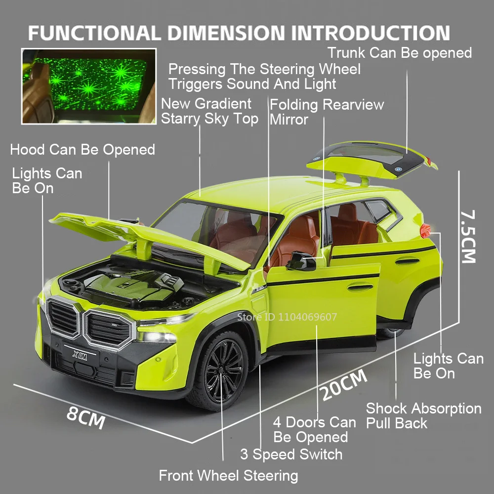 1:24 Model Car THE XM 760LI Miniature Toys Metal Diecast Pull Back Doors Opened Sound Light Rubber Tires for Kids Edutainment