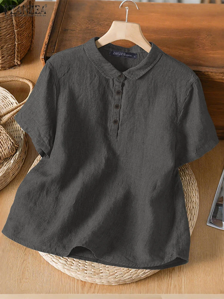Vintage Solid Work Shirts 2025 ZANZEA Summer Office Blouses Women Short Sleeve Buttons Tops Casual Lapel Neck OL Blusas Mujer