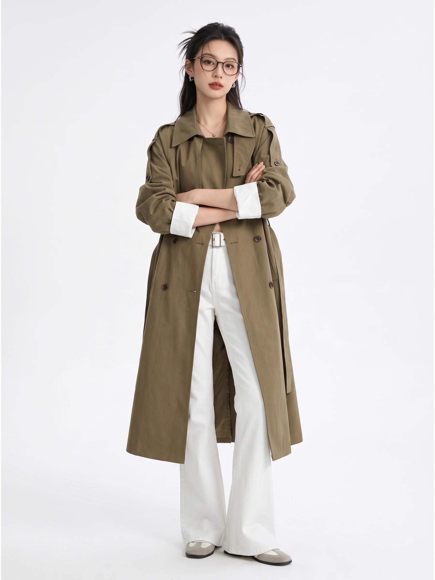 Commute Advanced Loose Korean Style Double Row Button Windbreaker Slimming Elegance Autumn New Coat Long Sleeve Side Pocket