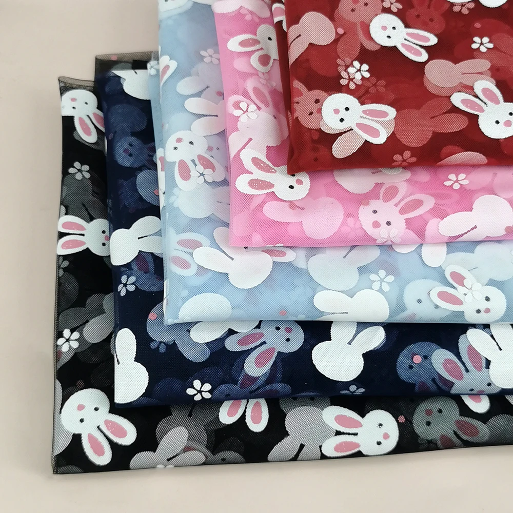 1Meter Rabbit Tulle Fabric Soft Bunny Patern Mesh DIY Sewing Baby Girl Summer Dress Headband Veil Birthday Table Cloth Material