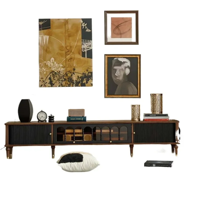 French Retro North American Black Walnut TV Cabinet Small Apartment Living Room Storage Locker Antique Style Furniture