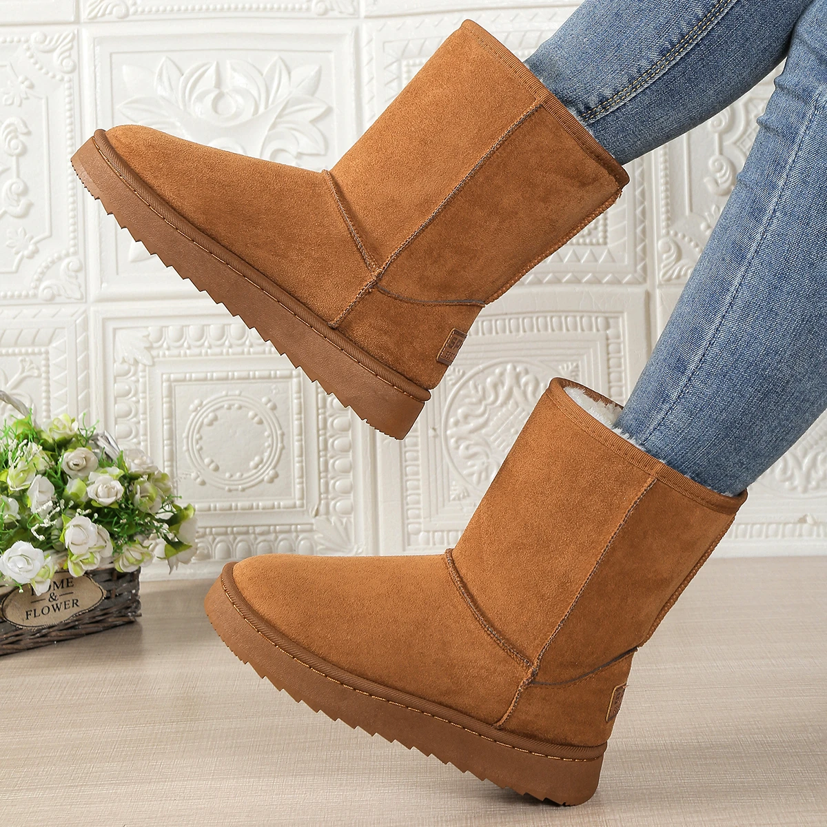 

Женская обувь высокого качества, зимние женские ботинки без шнуровки до середины икры, модные однотонные повседневные зимние ботинки, ботинки на платформе большого размера