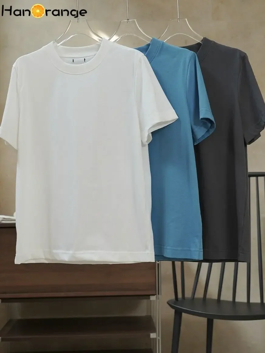 HanOrange 2025 printemps Simple en forme de H col rond manches courtes T-shirt femmes profil ample haut décontracté femme blanc/gris foncé/bleu