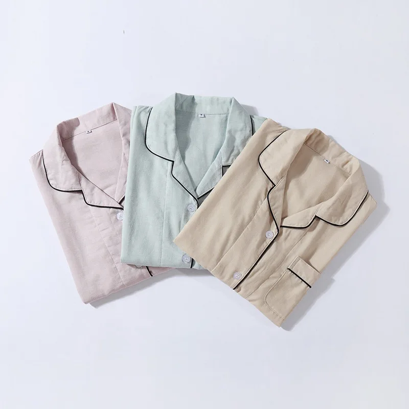 Ladies Japanese Solid Color otton Double-Layer Gauze PajamaSet Summer Short Sleeve CapriPnts Lapel Loungewear Sleepwear Suit