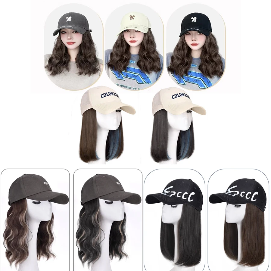 Short synthetic baseball hat wig with water wave hair hat wig in one Little fox 3D Embroidery gray off white coffee color