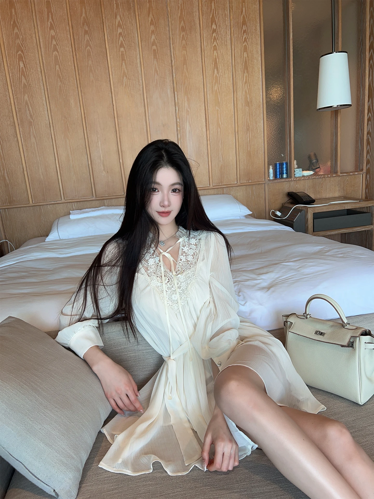 

Elegant White Lace Trim V-neck Spring Dress FairyJiang A-line Short Skirt with Inner Strap Lightweight Breathable Gown