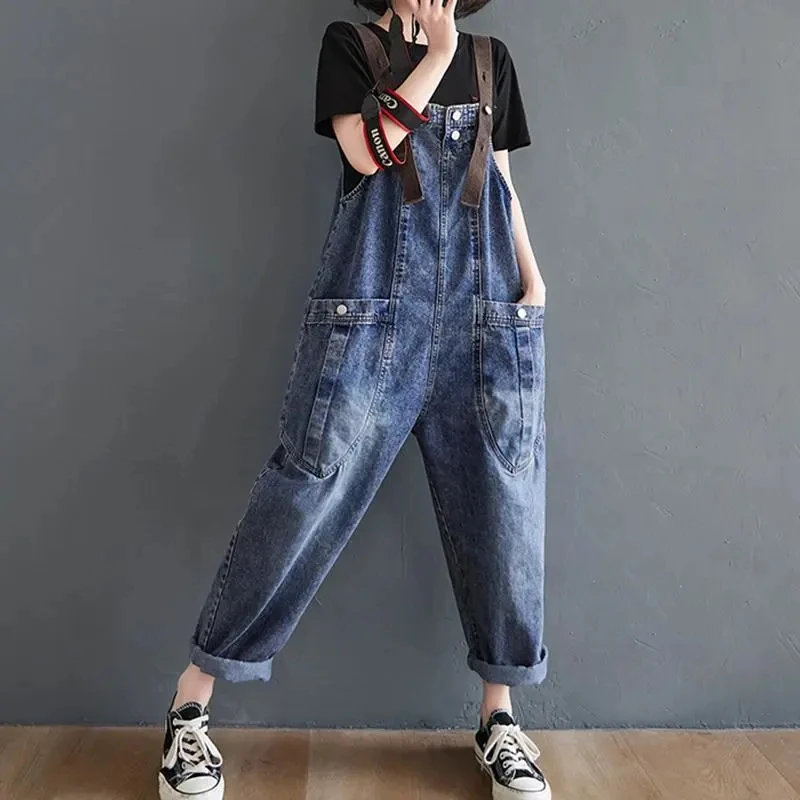 Vintage Big Pocket Suspender Jeans Trousers 2022 Spring Summer Women's Clothing Casual Strap Denim Harem Pants Female