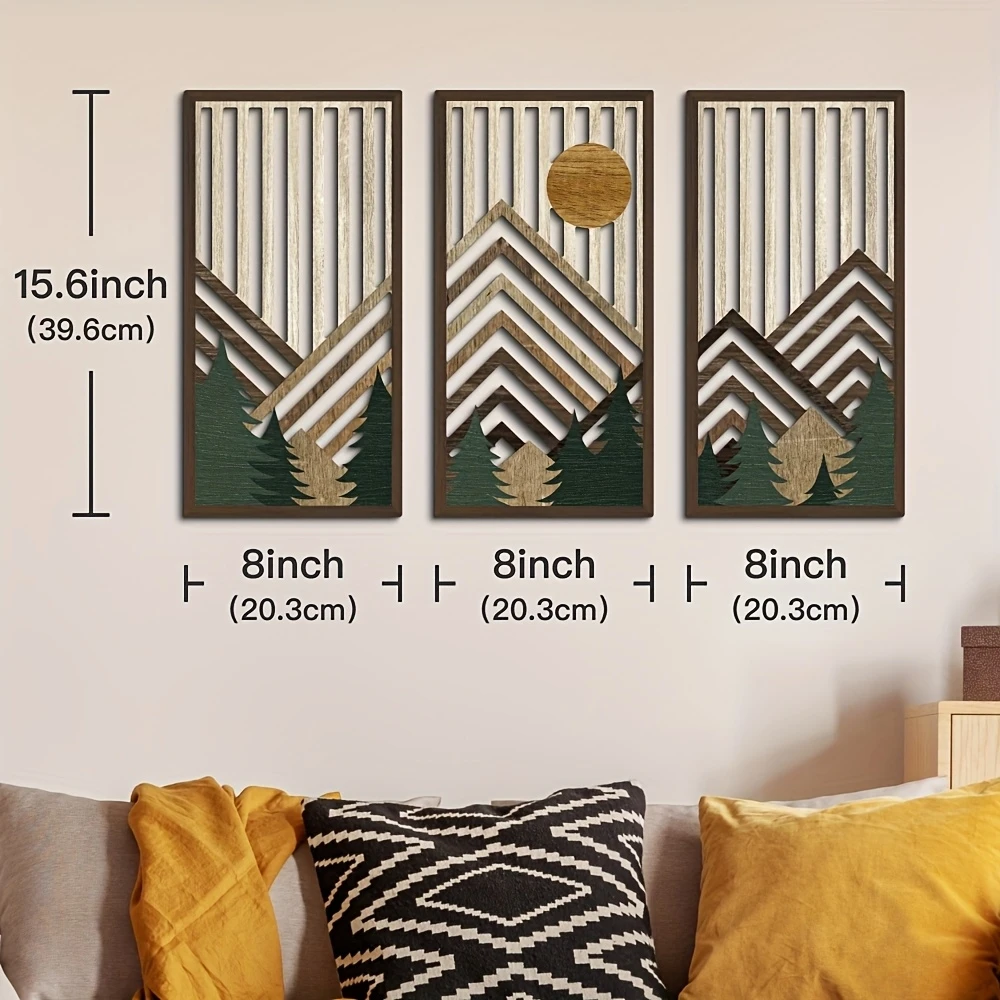 3pcs 2D Flat Retro Wood Art Wall Decoration Pine Sun Elements Home Style Living Room Bedroom Office Large Mural Easy To Install