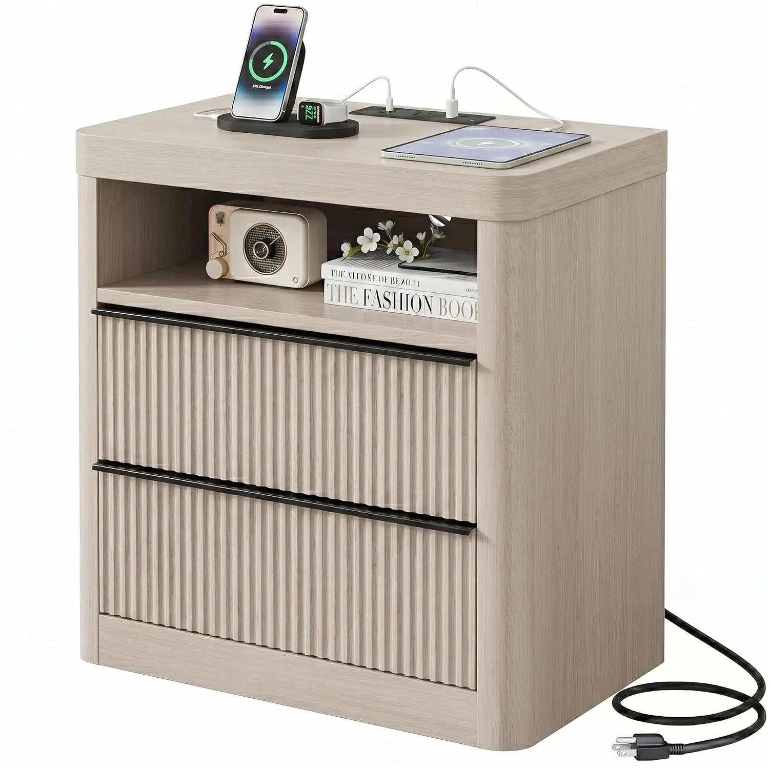 Mid-century Nightstand with Charging & USB Ports, Drawer Storage, LED Light, Bedroom Side Table, Wood, Customized