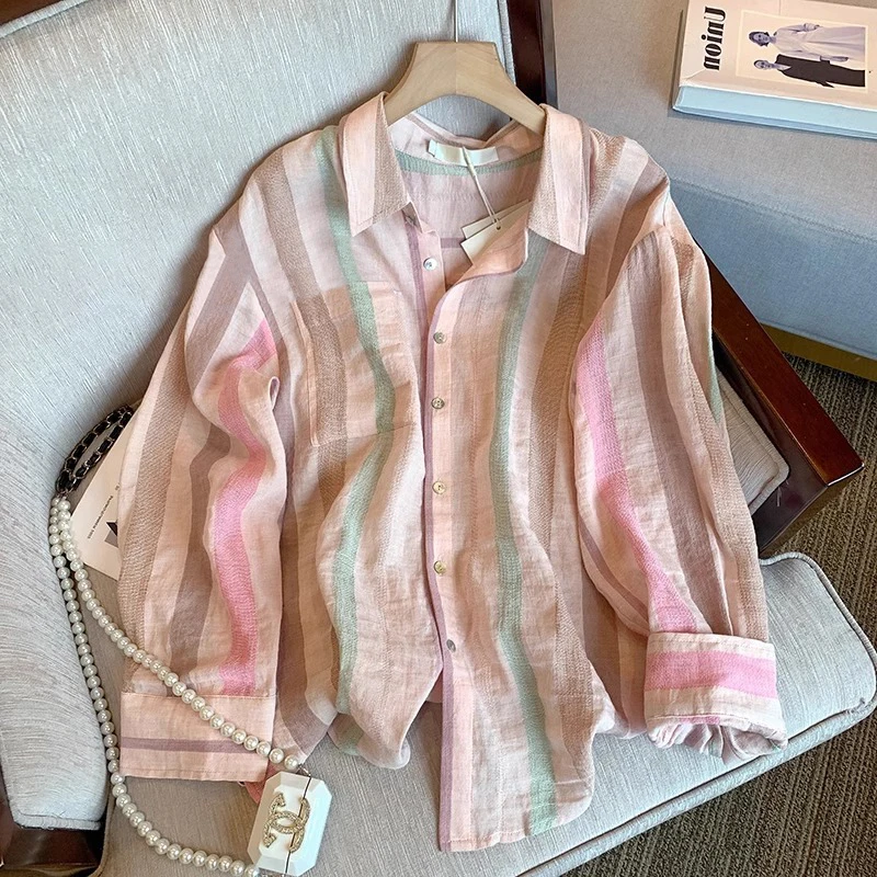 

Корейский Sle Long Sve Свободный крой в тонкую полоску irt Женская летняя верхняя одежда Faion Защита от солнца Эффектив для похудения