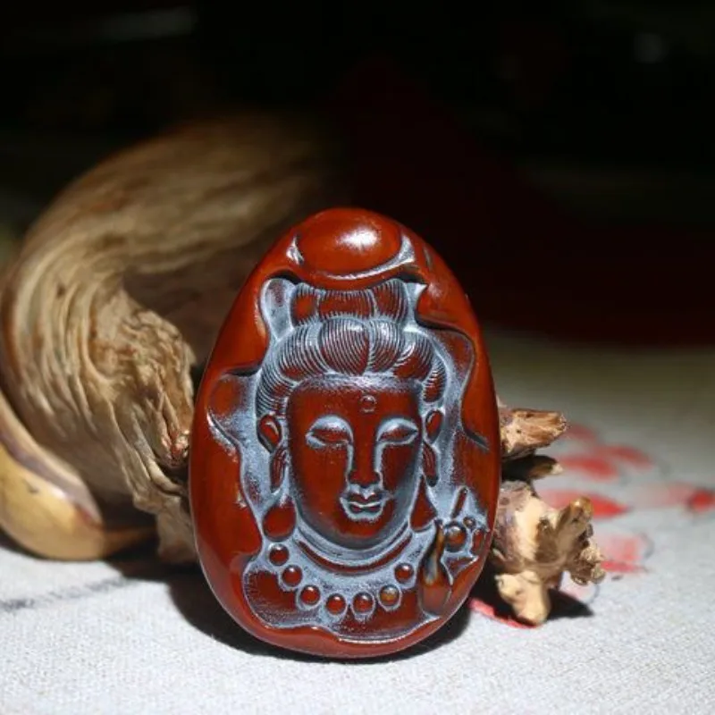 Ox horn Carved Buddhist guanyin head amulet Statue Ornaments Craft Gift