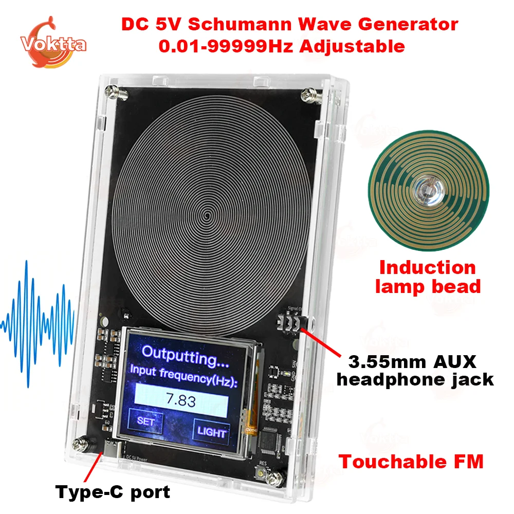 

DC 5V Schumann Wave Generator 0.01-99999Hz Adjustable Frequency Sine Wave Signal Generator Type C Touch Screen Audio Resonator
